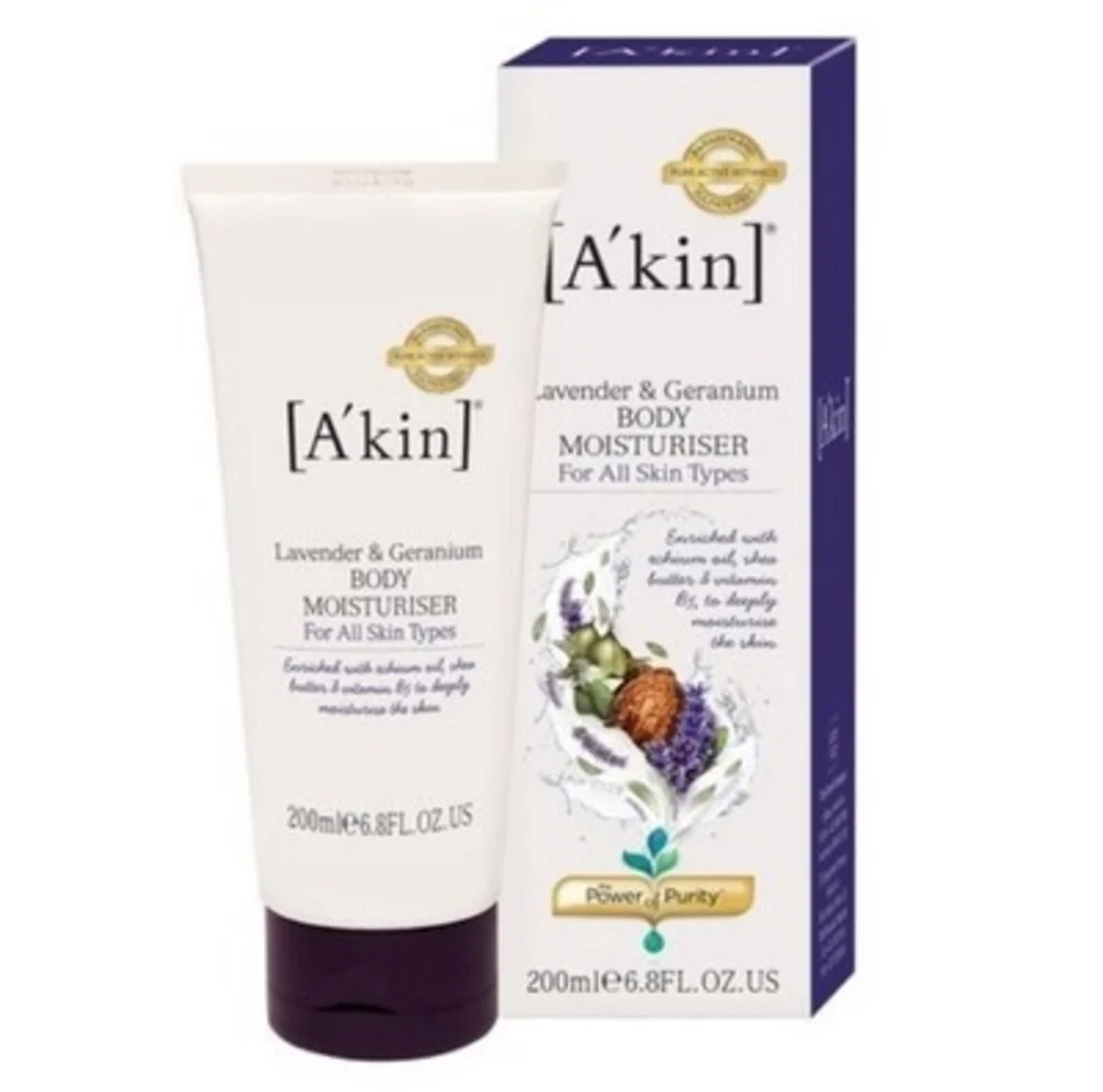A'kin Lavender & Geranium Body Moisturiser Lotion 200ml Deep Hydration NIB